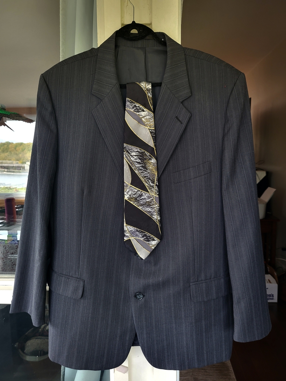 Oakton Charcoal Pinstripe Suit Jacket Sz 38 Custom Made To Size. Free Tie